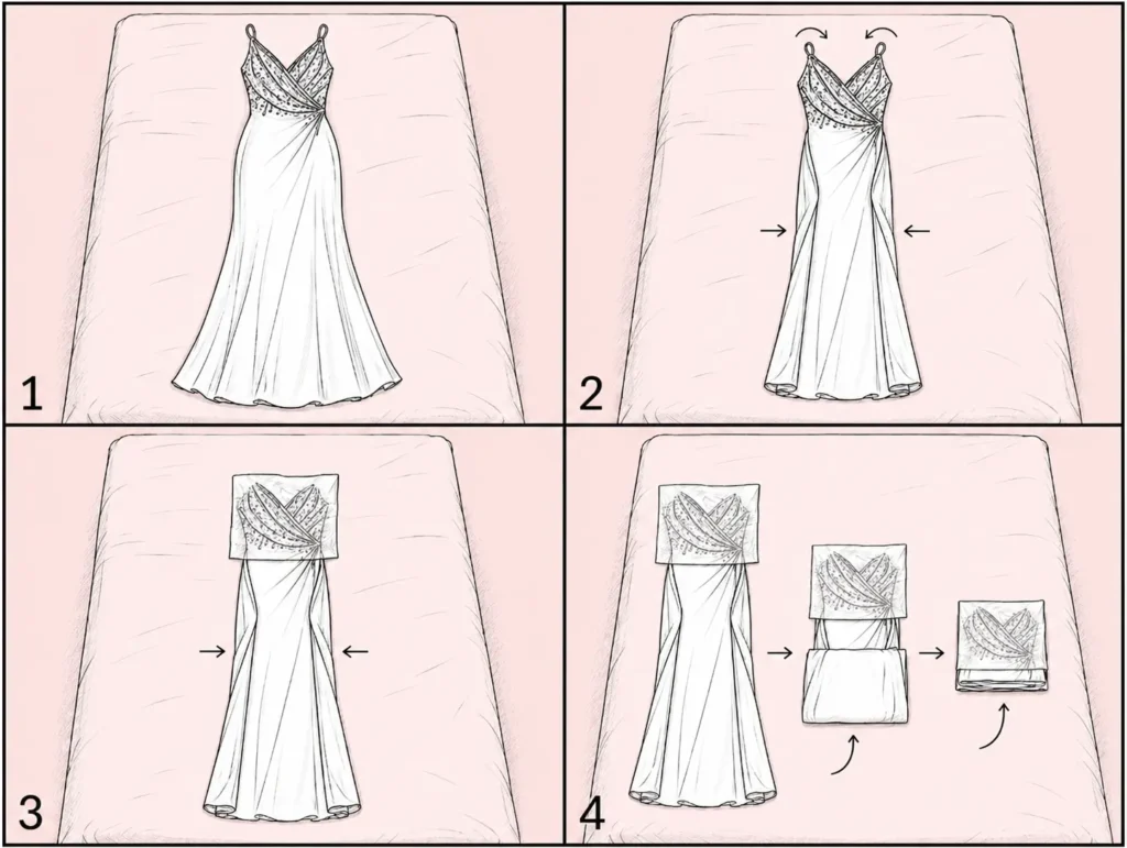 Cómo guardar un vestido de fiesta en la maleta sin arrugarlo con papel de seda y sandalias de verano.