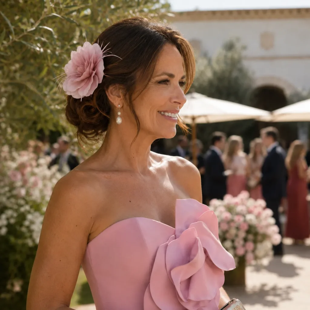 tocado de madrina de boda en tono rosa