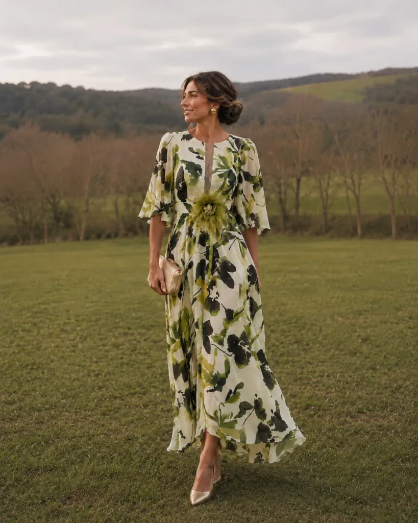 Vestido de fiesta con detalles florales tendencia otoño invierno 2026
