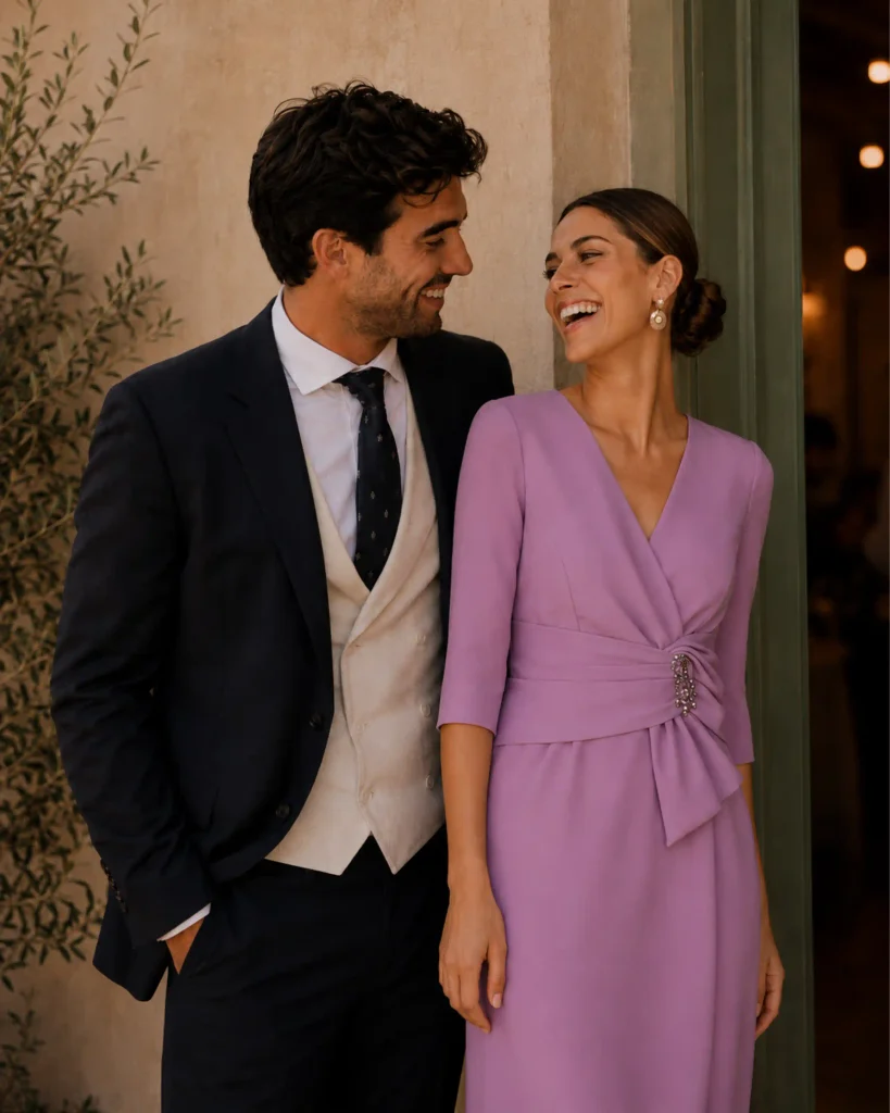Vestido midi en crep con escote en pico, mangas francesas y detalle fruncido en la cintura con aplique joya central. Una opción refinada para comuniones, bautizos y bodas de día.