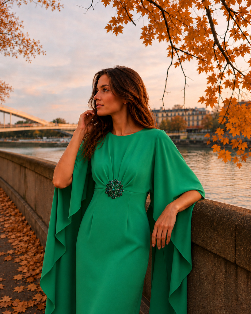 Vestido de fiesta con capa para otoño invierno 2026 2027